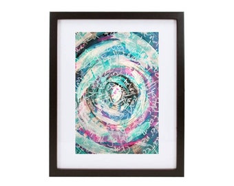 Grande oeuvre d'art abstraite originale de 18 x 61 cm, rose et bleu, décoration d'intérieur multicolore, lumineuse et unique, peinture après graffiti sur papier aquarelle