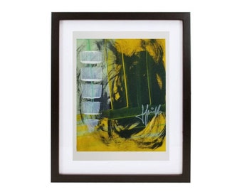 Original Abstract artwork 222. Small 9x12 inch yellow green white and black, one of a kind abstract mixed media painting on canvas paper.