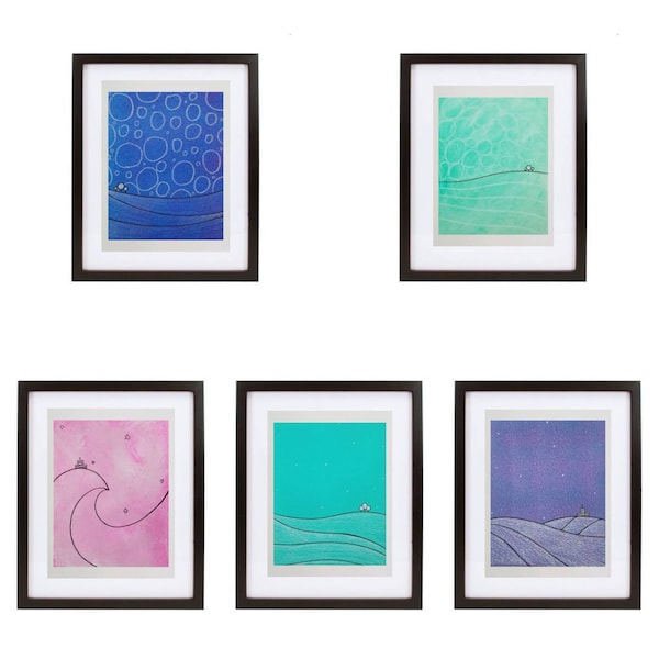 Collection of 5 original, small 8.5x11, bright and colorful post graffiti art prints. Modern abstract and unique home decor. Set 9