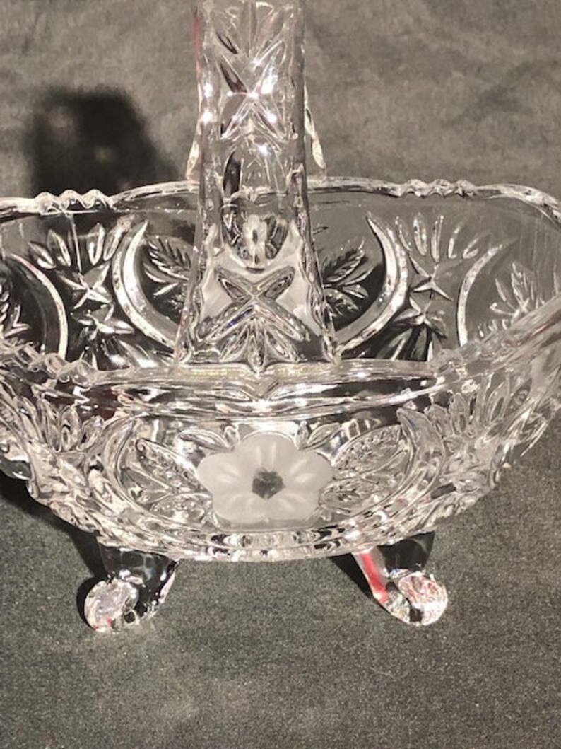 Vintage Glass Basket Candy Dish With Feet and Handle, Crystal Cut Glass