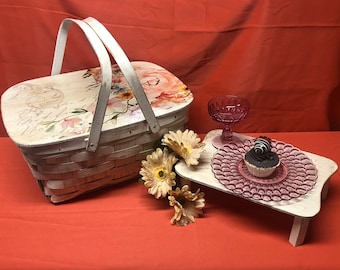 Cesta de piquenique - Branca envelhecida, esmaltada, com transferência floral na tampa