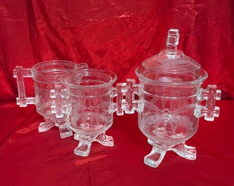 Antique 3 piece Early American Pattern Glass “Bearded Man” pattern from 1879