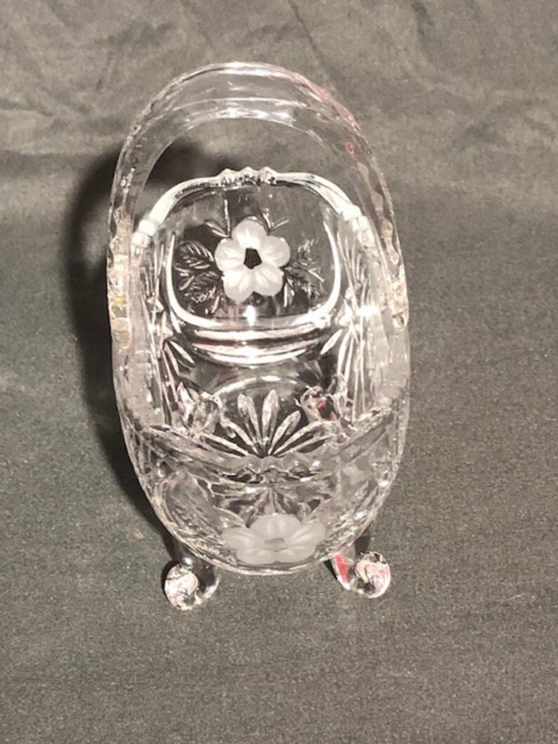 Vintage Glass Basket Candy Dish With Feet and Handle, Crystal Cut Glass