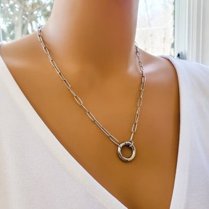 Paperclip chain necklace with silver infinity circle pendant