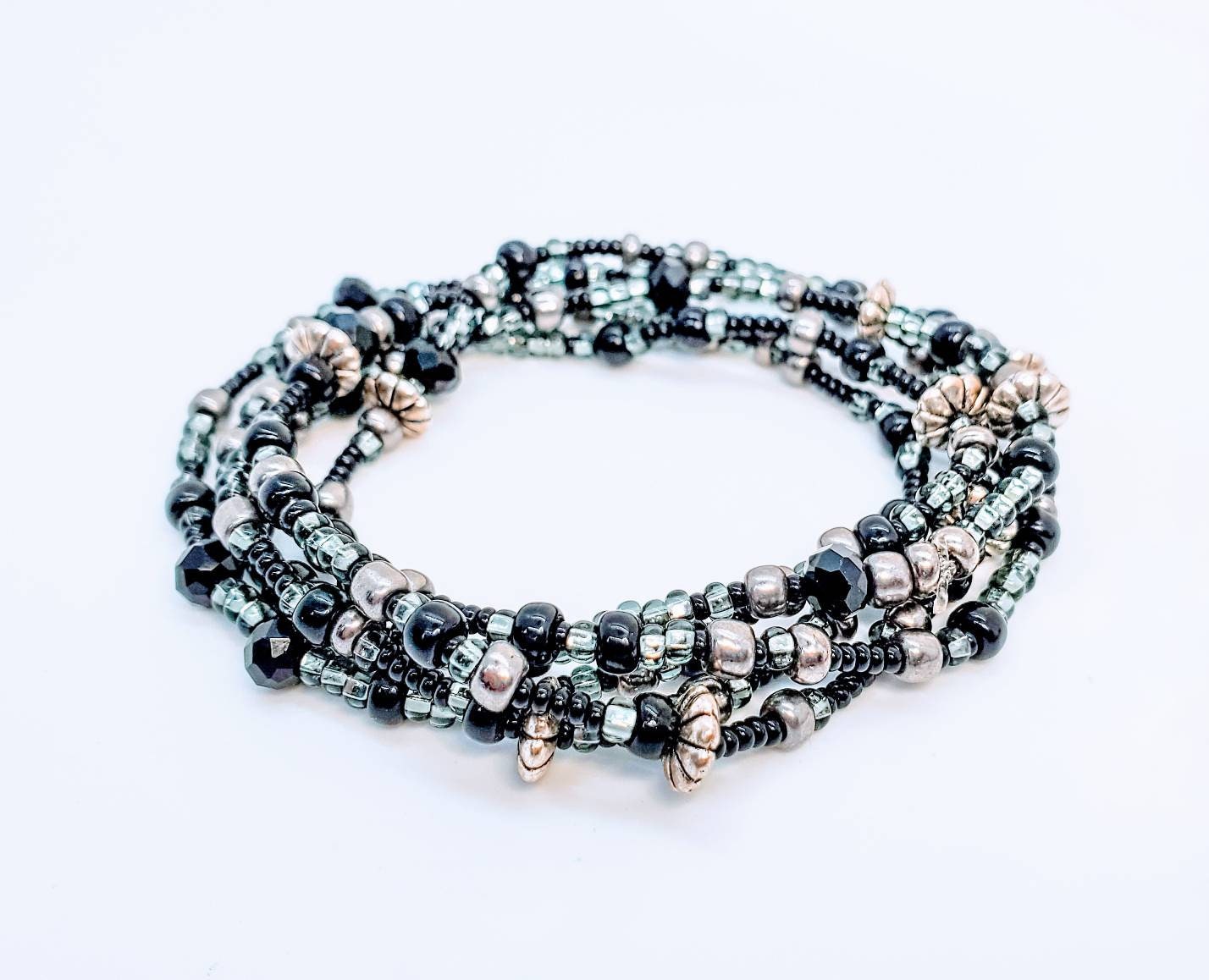 Long Seed Bead Stretch Wrap Bracelet Black and Silver - Etsy