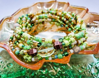 Long Citrine Green and Yellow Topaz seed bead stretch wrap bracelet, 5 wrap bracelet, trending now,   autumn wrap bracelet