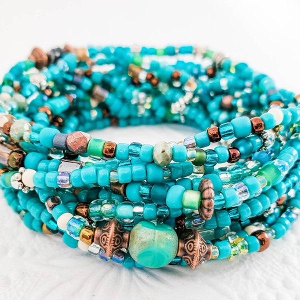 Long turquoise seed bead stretch wrap bracelet, turquoise bracelet, western jewelry, now trending,