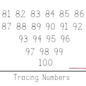 May include: A worksheet with dotted lines for tracing numbers 81 through 100. The worksheet is titled "Tracing Numbers" and includes the text "CoolSCHoolLearning, LLC".