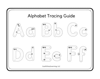 May include: Black and white alphabet tracing guide with uppercase and lowercase letters A through F. Each letter has numbered dots to help with tracing.