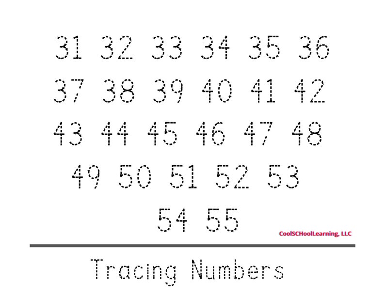 May include: A worksheet with dotted lines for tracing numbers 31 through 55. The text "Tracing Numbers" is at the bottom of the page.