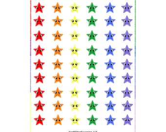 Rainbow Smiling Star Stickers, Printable Sheet (PDF)