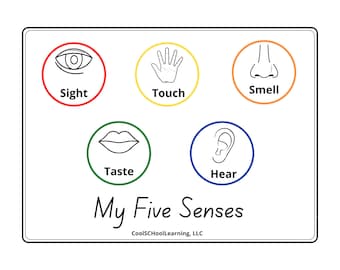 May include: A colorful chart with five circles, each representing one of the five senses: sight, touch, smell, taste, and hear. The circles are labeled with the name of the sense and contain a simple line drawing of an eye, hand, nose, lips, and ear. The chart is titled "My Five Senses" and includes the text "CoolSchoolLearning, LLC".