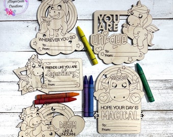 Unicorn Valentines Day Cards, Color Your Own Valentines, Valentines for Kids, Wooden Valentine cards, Classroom Valentine's, Kids Valentines