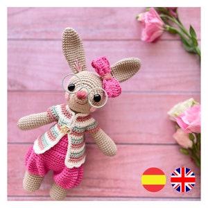 May include: A crocheted bunny wearing pink overalls, a striped cardigan, and glasses. The bunny has a pink bow on its head and is sitting on a pink wooden surface.
