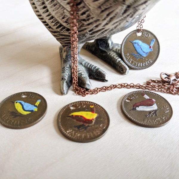 UK Farthing Necklace, Hand Painted English Wren, Gold, Silver, Rose Gold, Gun Metal, or Copper Chain, Not Painted Available