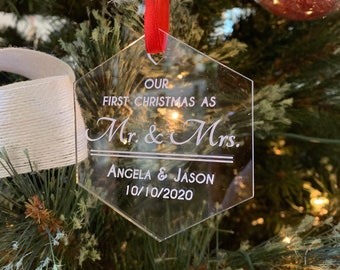 Personalized Acrylic Christmas Ornament, Engagement, Anniversary | Hexagon Ornament