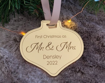 Mr and Mrs First Christmas Ornament, Personalized Wedding Keepsake Gift, Newlywed Holiday Decor