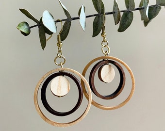 Spinning Circle Wood Earrings | Maple Walnut Kinetic Dangle Jewelry | Lightweight Modern Statement Gift