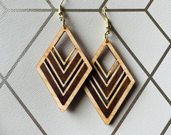 Geometric Wooden Diamond Earrings, Maple Walnut Dangle Jewelry, Modern Lightweight Gift for Her