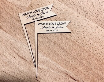 Rustic Wedding Favor Picks Wood | Personalized Party Tags Flag Shape | Bridal Shower Table Decorations