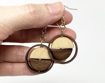Spinning Wooden Circle Earrings | Maple Walnut Two Tone Dangle Jewelry | Lightweight Modern Statement Jewelry Gift