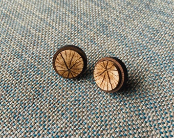 Walnut Wood Log Stud Earrings | Etched Maple | Handmade Wooden Jewelry