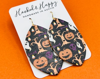 Halloween Earrings || Ghost Earrings || Trick or Treat Costume || Spooky Season || Fall || Pumpkin || Candy Corn || Cork || Leather || Petal