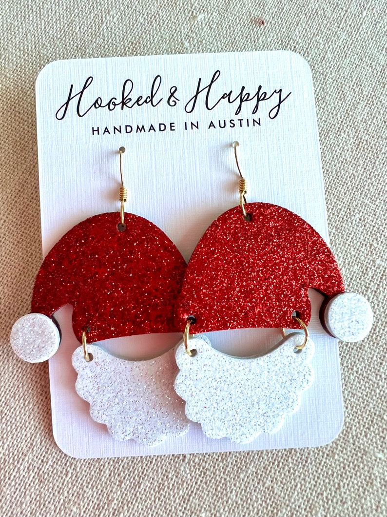 Santa Earrings || Santa Claus || Hat & Beard || Christmas Cheer || Holiday Outfit || Festive Gifts || Stocking Stuffers || Glitter image 4