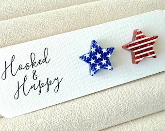 Stars & Stripes Studs · Patriotic Earrings · American Flag · 4th of July · Independence Day · USA Celebration · Glitter Acrylic Stars