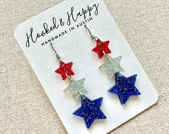 Sparkling Stars Earrings || 4th of July || Independence Day || American Flag || Patriotic || USA || Acrylic || Glitter || Red, White, Blue