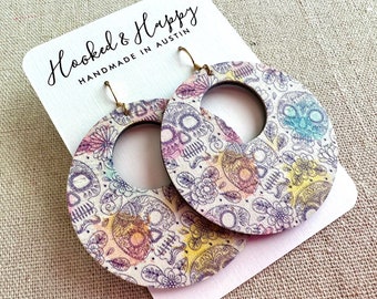 Sugar Skull Earrings || Día de los Muertos || Day of the Dead || Halloween || Spooky Season || Cork || Hoop || Floral || Watercolors