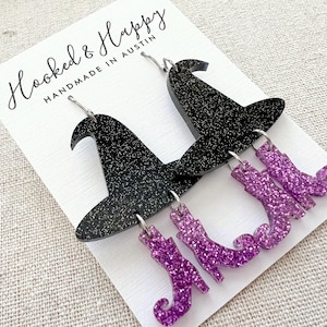 Witch Earrings || Witch Hat & Boot Dangles || Halloween Jewelry || Trick or Treat Costume || Spooky Season || Fall || Acrylic || Glitter