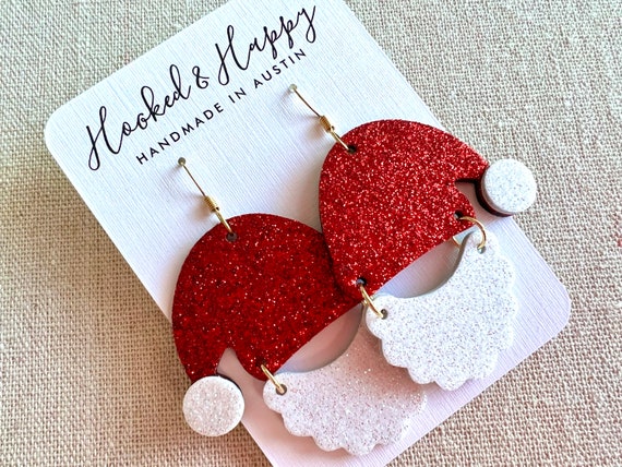 Santa Earrings || Santa Claus || Hat & Beard || Christmas Cheer || Holiday Outfit || Festive Gifts || Stocking Stuffers || Glitter