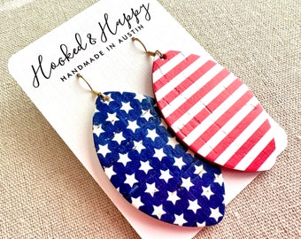 Stars & Stripes Earrings || 4th of July || Independence Day || American Flag || Patriotic || USA || Cork || Leather || Red, White, Blue