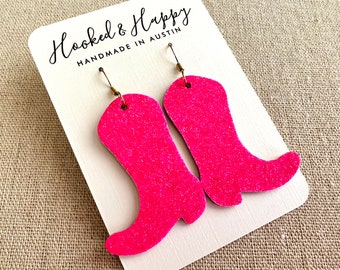 Cowboy Boot Earrings · Cowgirl · Nashville Bachelorette Party · Country Concert · Western Wear · Leather Backed · Bright Pink Glitter