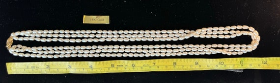 Vintage 3 strand freshwater pearl and 14 Kt yello… - image 3