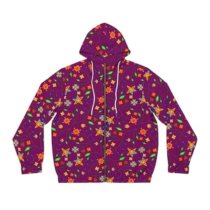Burgundy Floral Men&#39;s Full-Zip Hoodie (AOP) by Niibidoon, Small - 2X