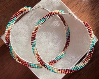 Beaded Hoops - 3.10 in, Beaded Earrings, Seed Bead earrings, Ojibwe Earrings, Anishinaabe Earrings, Ojibwe Jewerly, Beaded Jewelry Niibidoon