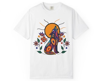 Howling Wolf Sunflower Art T-Shirt | Floral Moon Spirit Animal