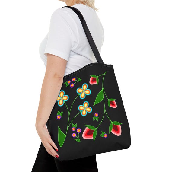 Ojibwe Floral Strawberry Tote Bag, Bright Colorful Native American Shoulder Bag, Indigenous Handbag, Gift for Women