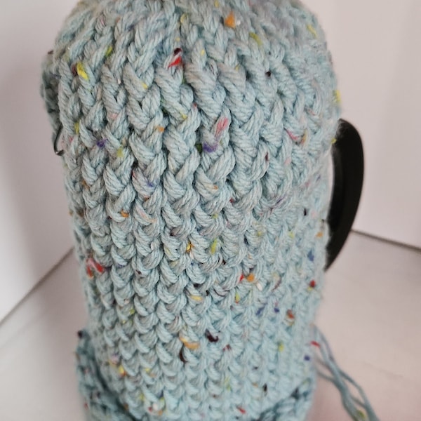 Coffee French Press Cozy - 8 Cup Knitted Robins Egg Blue with Speckles Handmade Variegated Yarn with Signature Button C-2