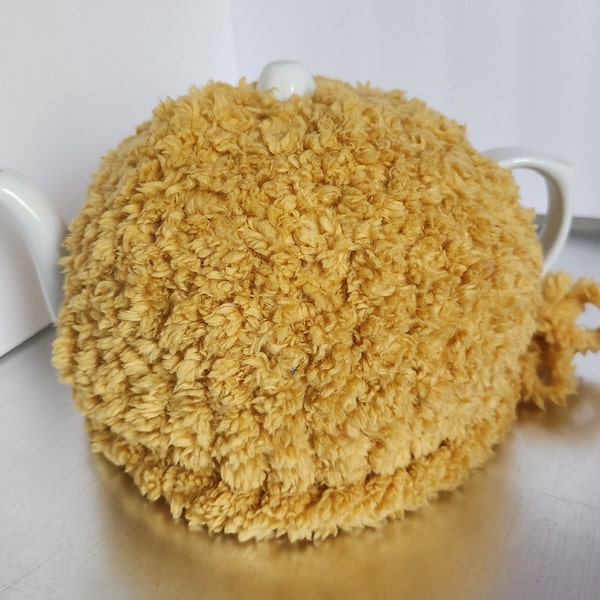 Tea Cozy - Knitted Soft Yellow Velour Handmade Variegated Yarn with Signature Button and Bow T-5