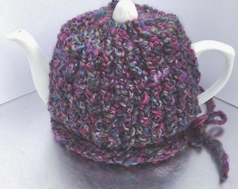 Tea Cozy Knitted Purple, Fuchsia, and Blue Handmade Variegated Yarn with Signature Button T-14