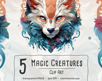 5 Magic Creatures Clipart, print design for Commercial Use, 5 transparent PNG with instant download, print on demand graphic, t shirt design