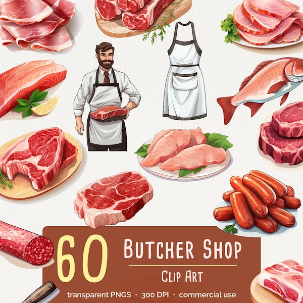 Butcher Shop Clipart, 60 Transparent PNG for Commercial Use, Instant Download and High resolution images of Raw Meat and Smoked Meats