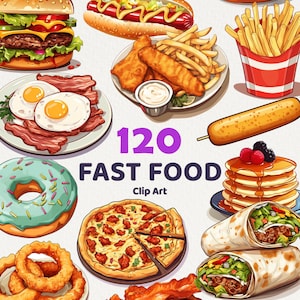 Imágenes prediseñadas de comida rápida • Uso comercial • 120 PNG transparentes • Descarga instantánea • Alta resolución • 300 DPI • Menú de restaurante