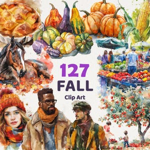 May include: A collection of 127 watercolor illustrations featuring fall themes, including pumpkins, gourds, leaves, apples, and a horse. The illustrations are perfect for creating fall-themed crafts, cards, and other projects.
