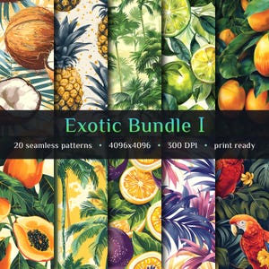 May include: A set of 20 seamless patterns featuring tropical fruits, flowers, and foliage. The patterns are in a vibrant color palette and include pineapples, coconuts, limes, oranges, papaya, and parrots. The patterns are 4096x4096 pixels and 300 DPI, making them perfect for printing.
