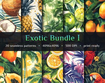 20 Exotic seamless patterns, Tropical Fruits, Palm trees, Coconuts, Mangos, Papayas, Commercial use, Exotic prints, Sublimation art