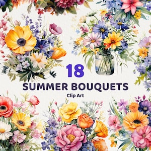 Watercolor Summer Bouquet Clipart, floral decoration for Commercial Use, 18 transparent PNGs with instant download